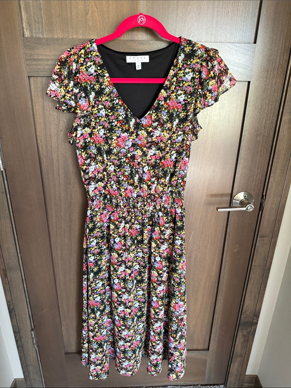 Chaus Black Floral Midi Dress with Pink & Yellow Blooms